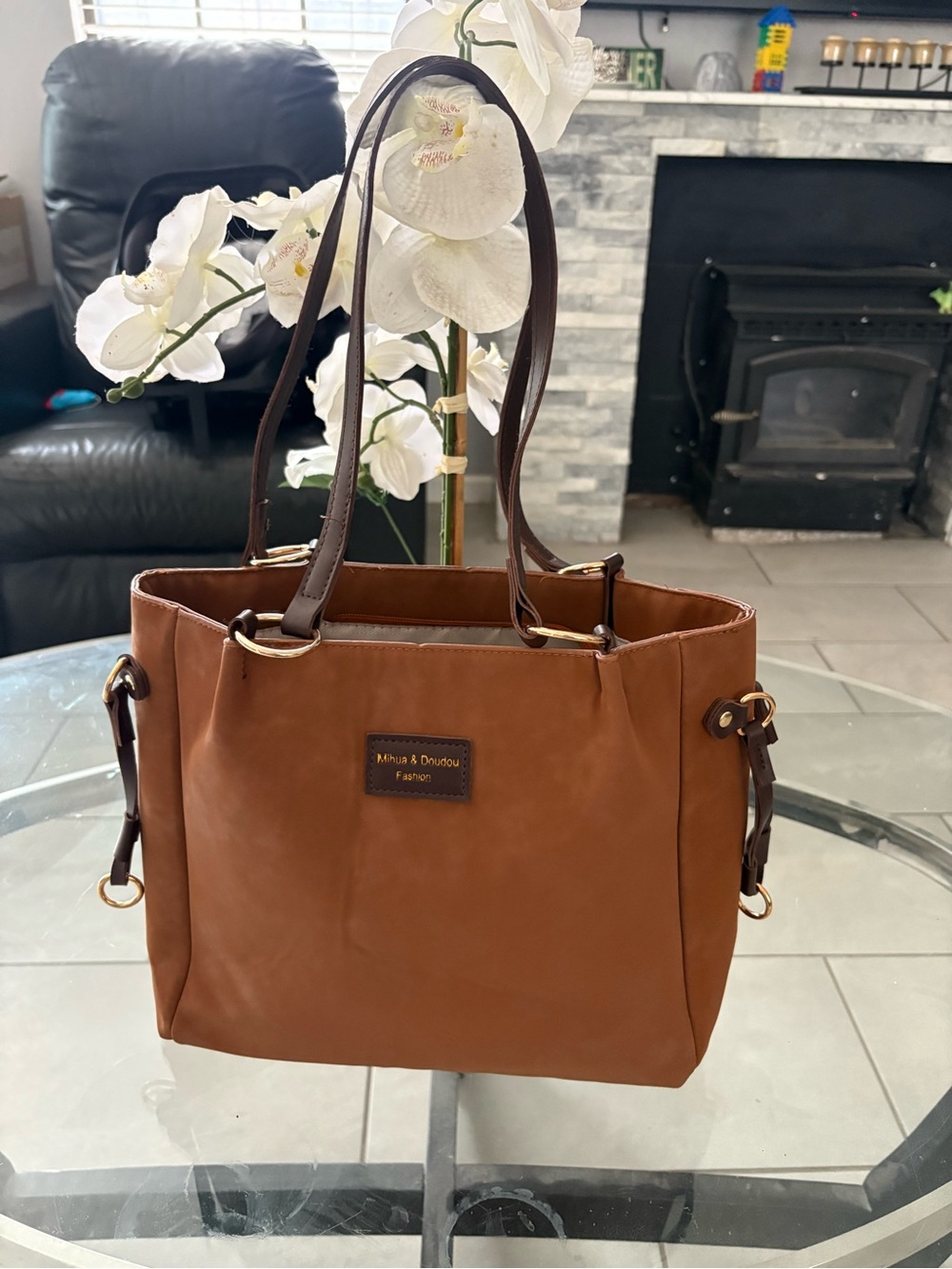 Mihua & Doudou Fashion Brown Faux Leather Tote Bag Women’s Shoulder Handbag Purs
